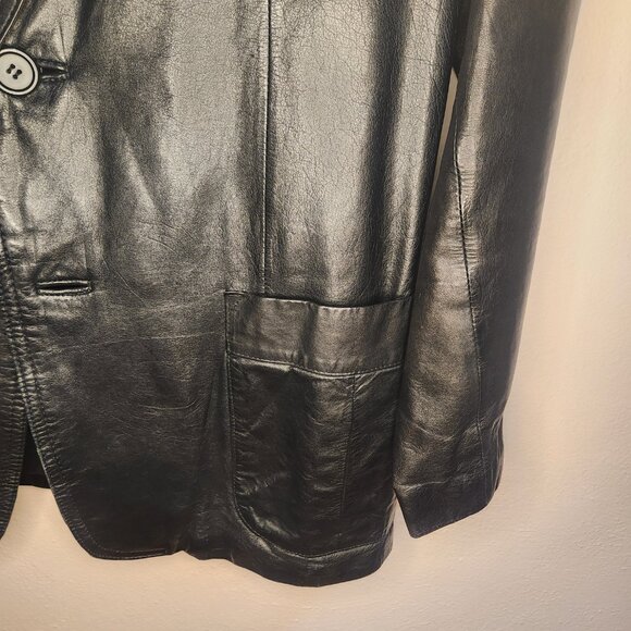 Y2K Vintage Bermans Black Mens Genuine Leather Blazer 2 Pocket 2 Button Size 42 - Picture 10 of 16